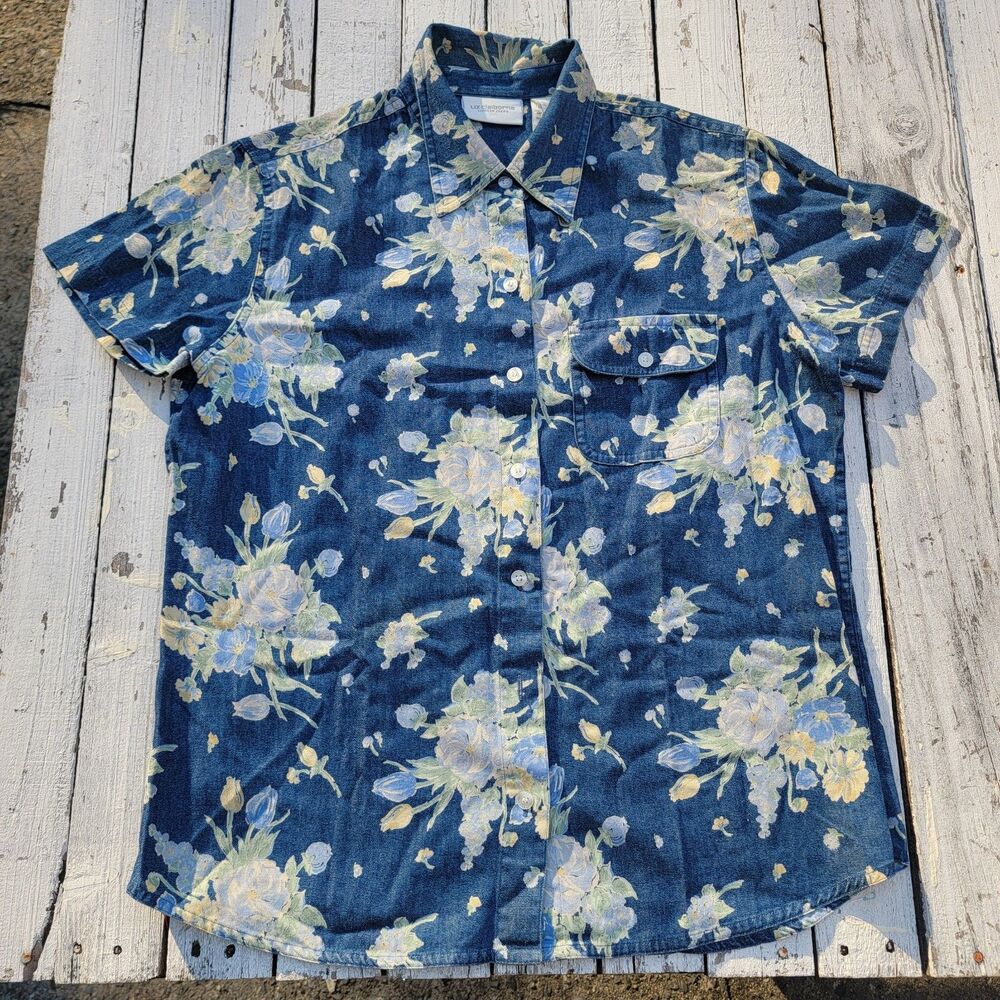 Liz Claiborne Lizwear Jeans Denim Blue 100% Cotton Floral Button Up Size M